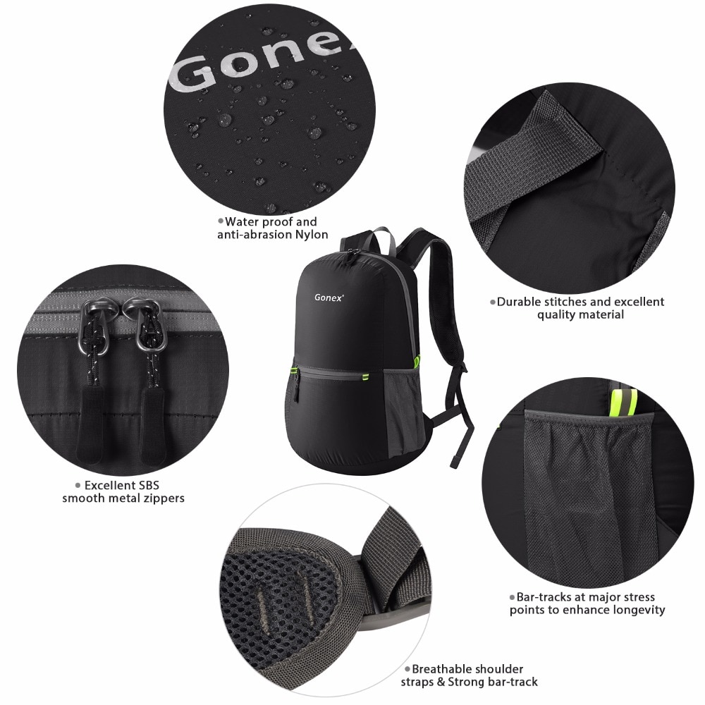 Mochila Gonex 20L ultraligera, mochila plegable, mochila negra para la escuela de nailon, viajes, senderismo, deporte al aire libre, actividad familiar 2019