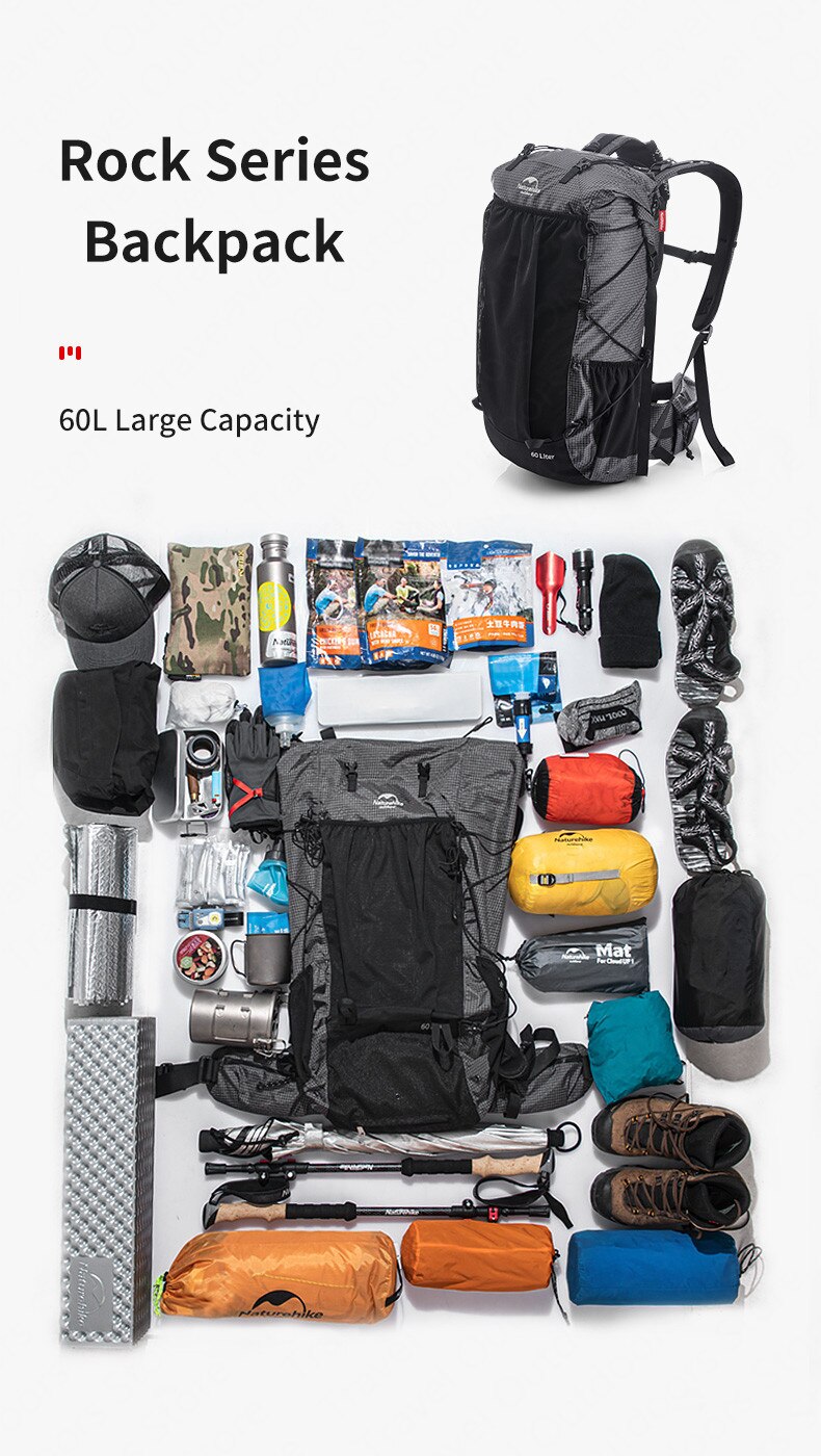 Naturehike 2020 60L + 5L Camping senderismo escalada mochilas Piggyback transpirable ligero alrededor de 1160g con cubierta de lluvia NH19BP095