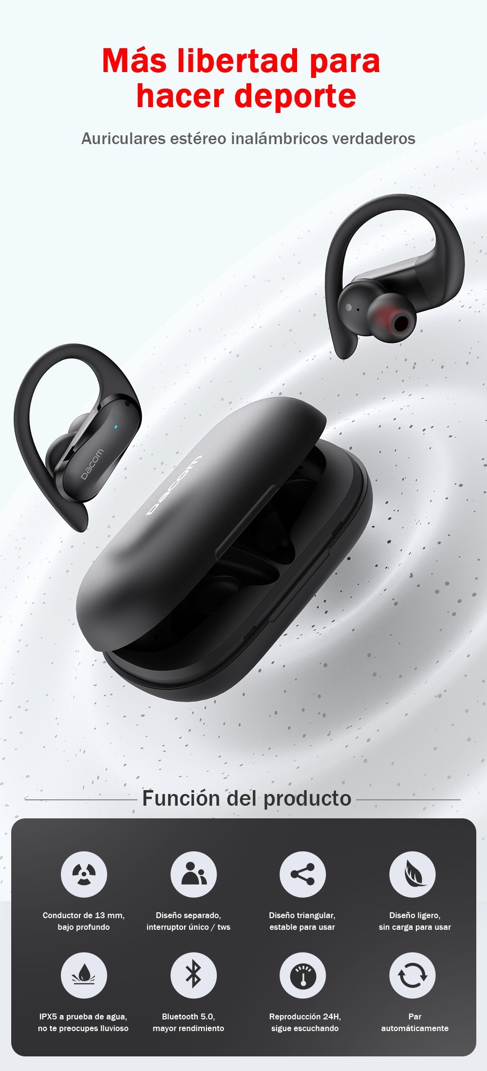 DACOM-auriculares TWS, inalámbricos por Bluetooth, auriculares estéreo deportivos de graves para iPhone y Samsung