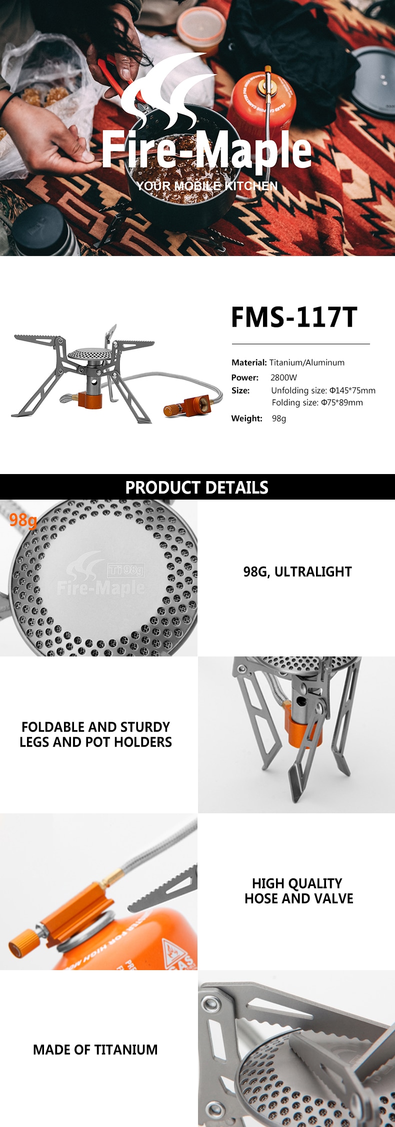 Fuego de arce de titanio cocina FMS-117T ultraligero acampar al aire libre senderismo estufas de viaje ligero horno de Gas portátil de quemadores de Gas