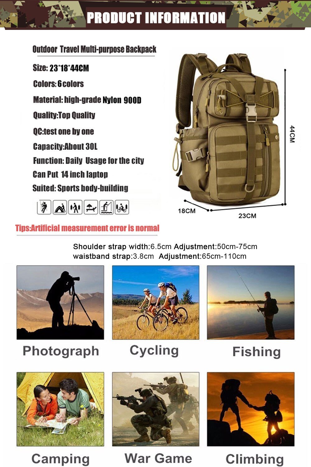 Mochila táctica militar para hombre, bolsa de nailon 1000D, 12L,  impermeable, para exteriores, pesca, senderismo, Camping, caza