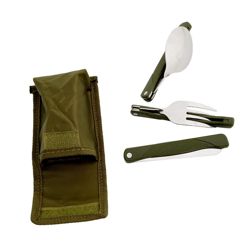 Juego de cubiertos plegables portátiles de acero inoxidable, cuchillo de tenedor con bolsa verde militar, bolsa de supervivencia para acampar, contenedor de cubiertos al aire libre