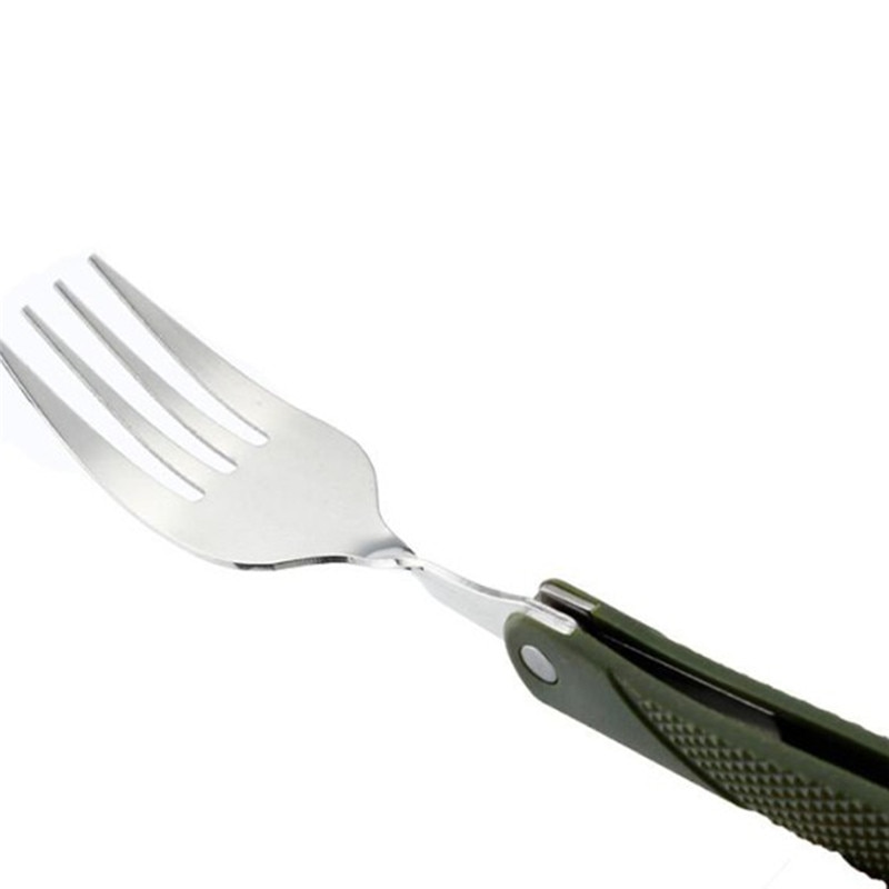 Juego de cubiertos plegables portátiles de acero inoxidable, cuchillo de tenedor con bolsa verde militar, bolsa de supervivencia para acampar, contenedor de cubiertos al aire libre