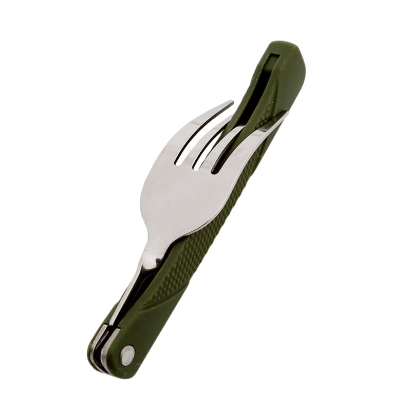 Juego de cubiertos plegables portátiles de acero inoxidable, cuchillo de tenedor con bolsa verde militar, bolsa de supervivencia para acampar, contenedor de cubiertos al aire libre