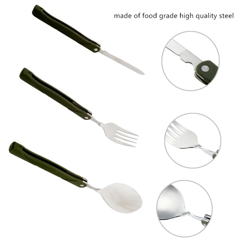 Juego de cubiertos plegables portátiles de acero inoxidable, cuchillo de tenedor con bolsa verde militar, bolsa de supervivencia para acampar, contenedor de cubiertos al aire libre