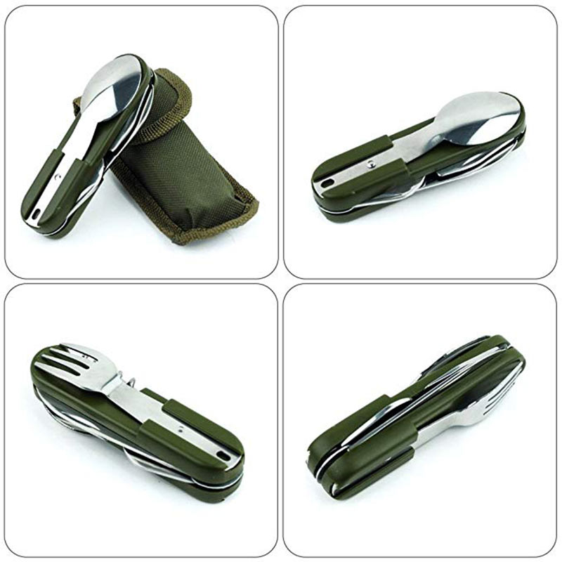 Juego de vajilla plegable para acampar al aire libre, mango multiusos, tenedor, cuchara, abrebotellas, bolsa de transporte de lona, juegos de cubiertos para Picnic