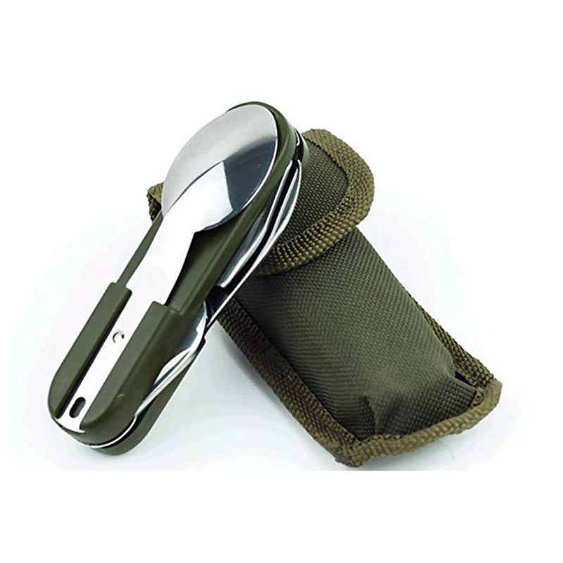 Juego de vajilla plegable para acampar al aire libre, mango multiusos, tenedor, cuchara, abrebotellas, bolsa de transporte de lona, juegos de cubiertos para Picnic