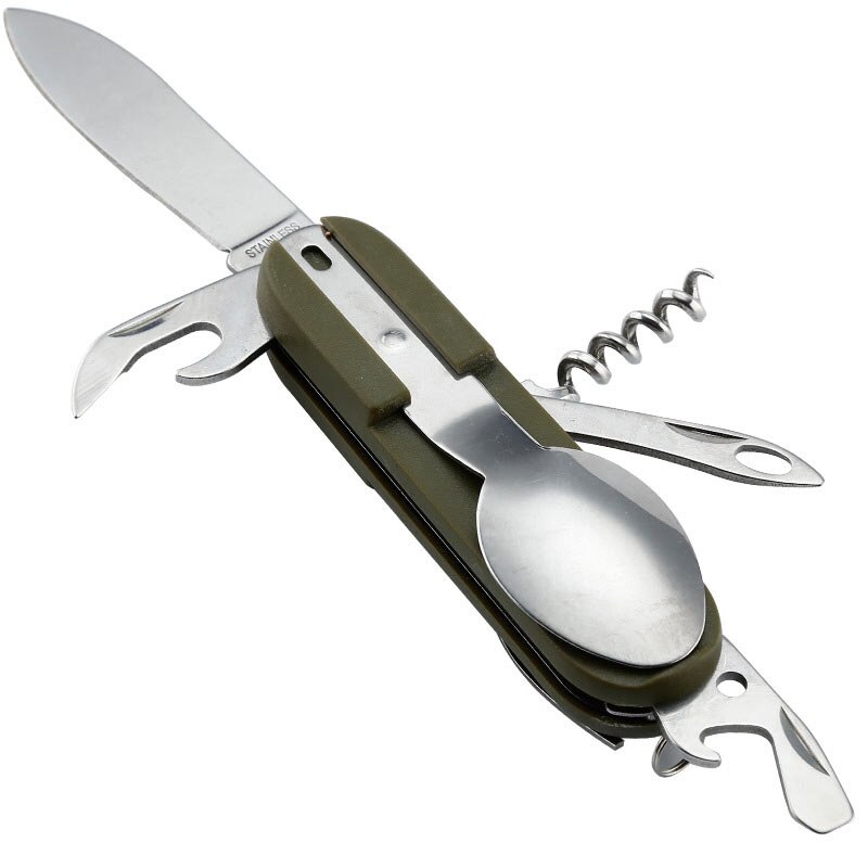 Juego de vajilla plegable para acampar al aire libre, mango multiusos, tenedor, cuchara, abrebotellas, bolsa de transporte de lona, juegos de cubiertos para Picnic