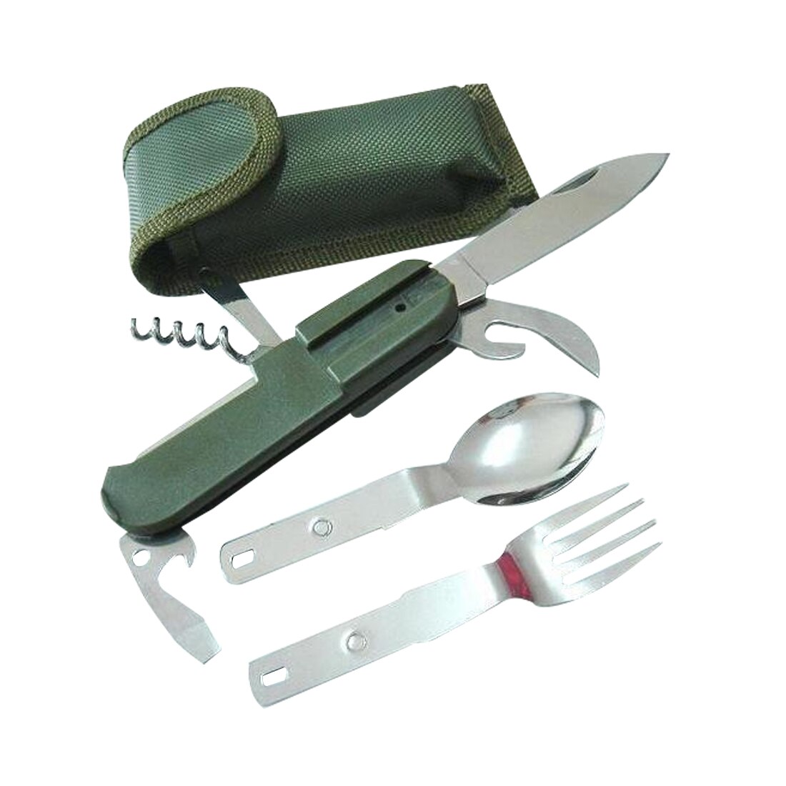 Kamp malzemeleri verde militar plegable portátil de acero inoxidable Camping Picnic cubertería cuchillo tenedor cuchara abrebotellas