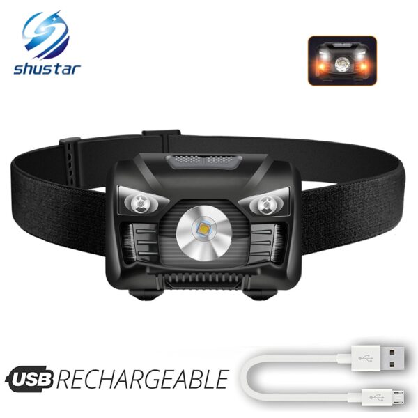 Linterna recargable 4 modos frontal de Inducción luz roja + luz blanca + sensor