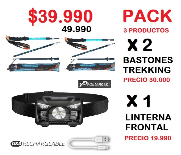 (Kit 3productos) 2 bastones Trekking + Linterna Frontal Recargable