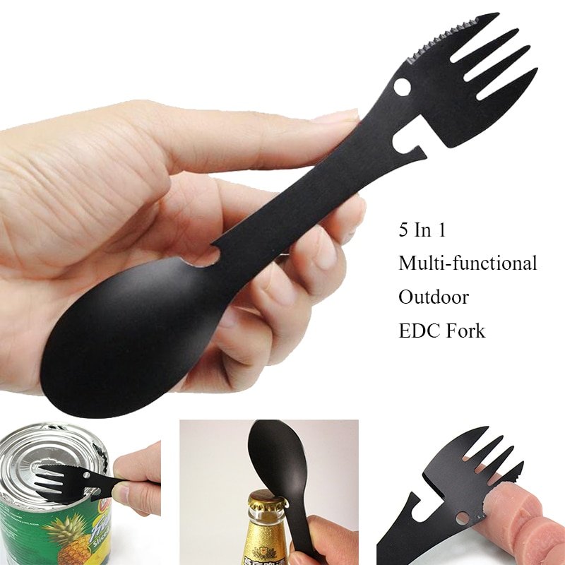 Herramientas de supervivencia al aire libre 5 en 1 Kit EDC multifuncional para acampar práctico tenedor cuchillo cuchara Botella/abrelatas