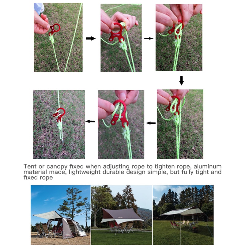 Mosquetón para exteriores, cuerda rápida de 3 agujeros, herramienta para anudar, hebilla de ajuste de tienda, hebilla de caracol, cuerda de viento, gancho de apriete antideslizante EDC TXTB1