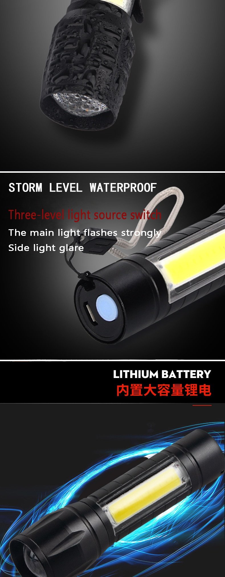 Linterna LED USB multifunción, resistente al agua, Zoom, Linterna potente de atenuación para iluminación al aire libre, Camping y pesca