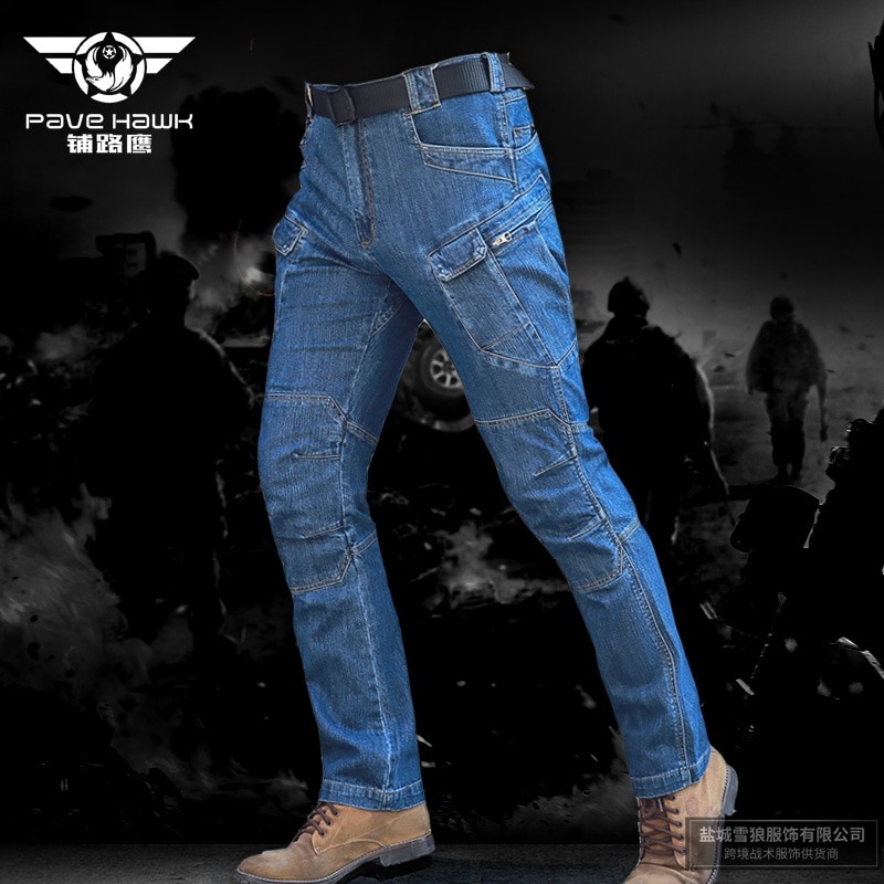 Pantalones tácticos de mezclilla para hombre, pantalones de cintura elástica de combate militar, varios bolsillos, Vaqueros tácticos