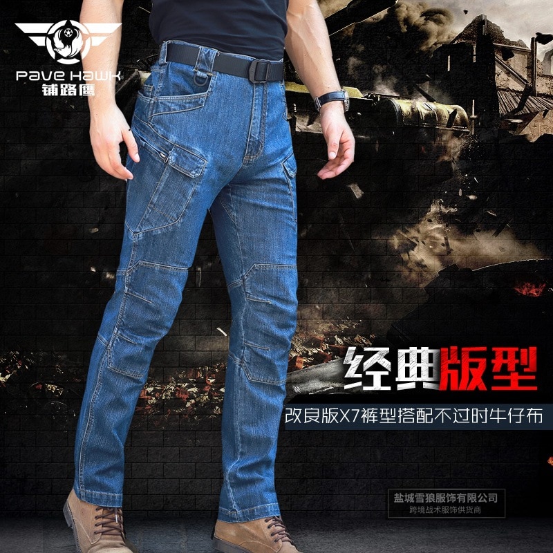 Pantalones tácticos de mezclilla para hombre, pantalones de cintura elástica de combate militar, varios bolsillos, Vaqueros tácticos