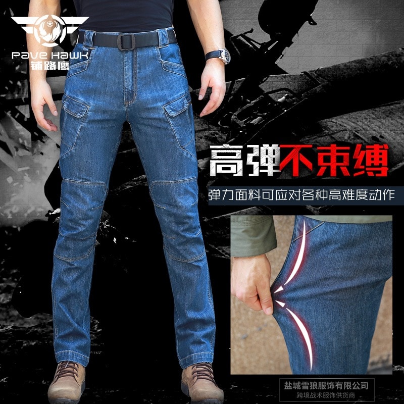 Pantalones tácticos de mezclilla para hombre, pantalones de cintura elástica de combate militar, varios bolsillos, Vaqueros tácticos