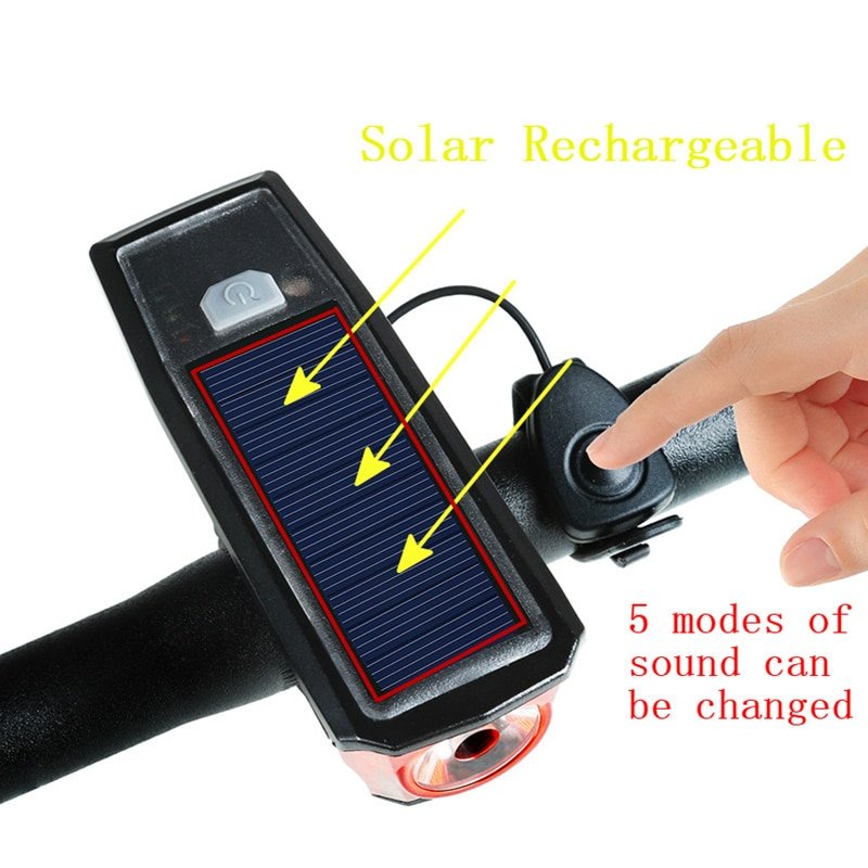 Luces de bicicleta alimentadas por energía Solar, recargables por USB con bocina, cargador de batería, luz LED para bicicleta, linterna para ciclismo, HT19-0018