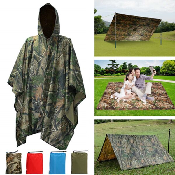 Poncho para senderismo 3 en 1, impermeable, lona con capucha, Poncho de caza, tienda de campaña al aire libre, alfombrilla toldo, refugio