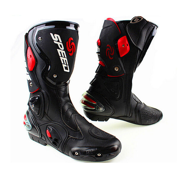 Botas de moto de cuero de microfibra para hombre, botines de Motocross hasta la rodilla para carreras de velocidad