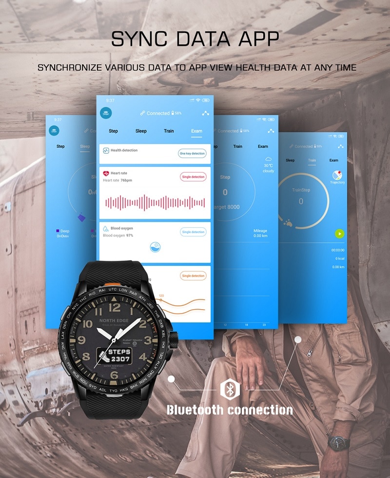 NORTH EDGE-reloj inteligente deportivo para hombre, dispositivo resistente al agua hasta 50M, con control del ritmo cardíaco y Bluetooth, compatible con Android e IOS