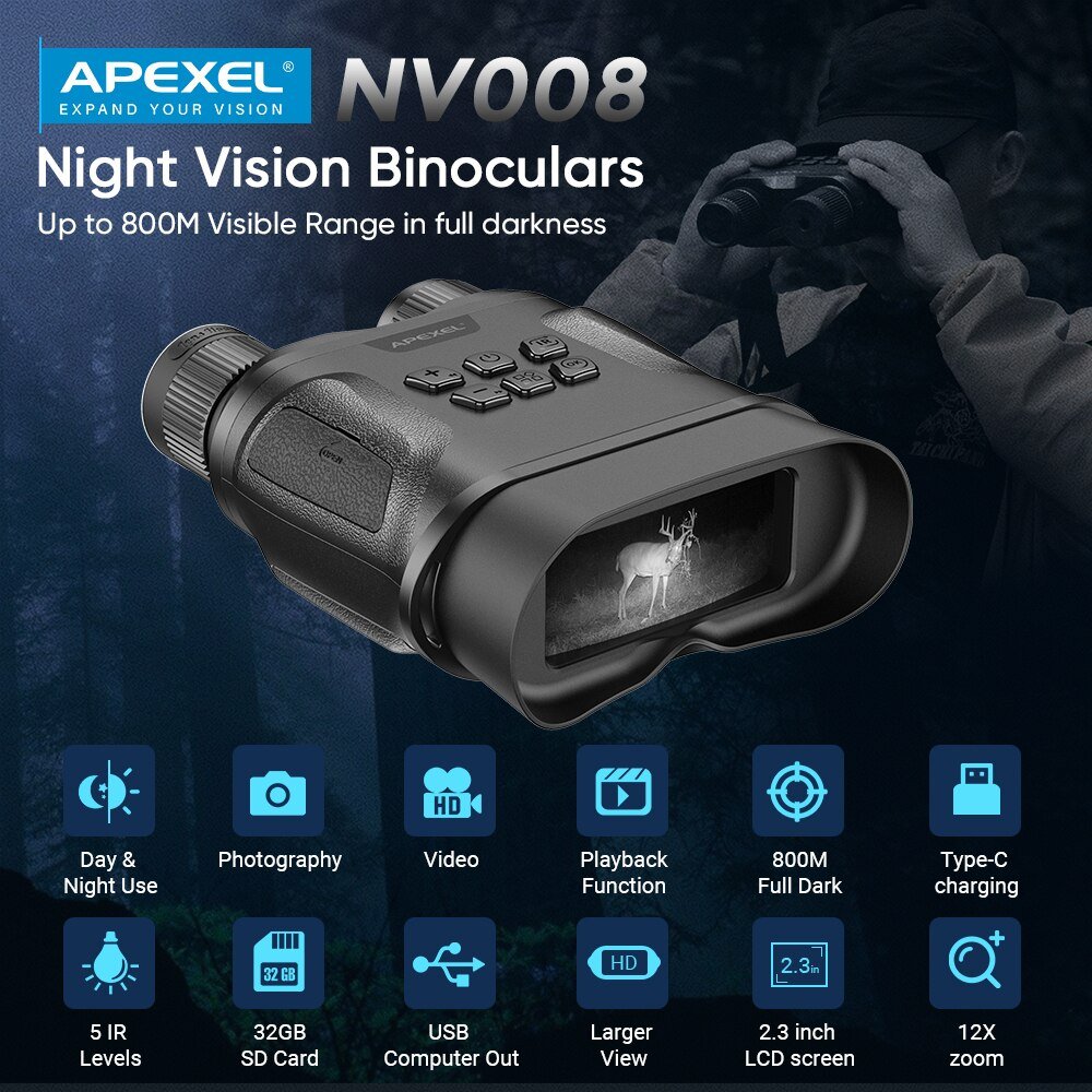 APEXEL-binoculares infrarrojos digitales, dispositivo de visión nocturna, Zoom 4-12x, telescopio de caza de día y noche, Profesionales