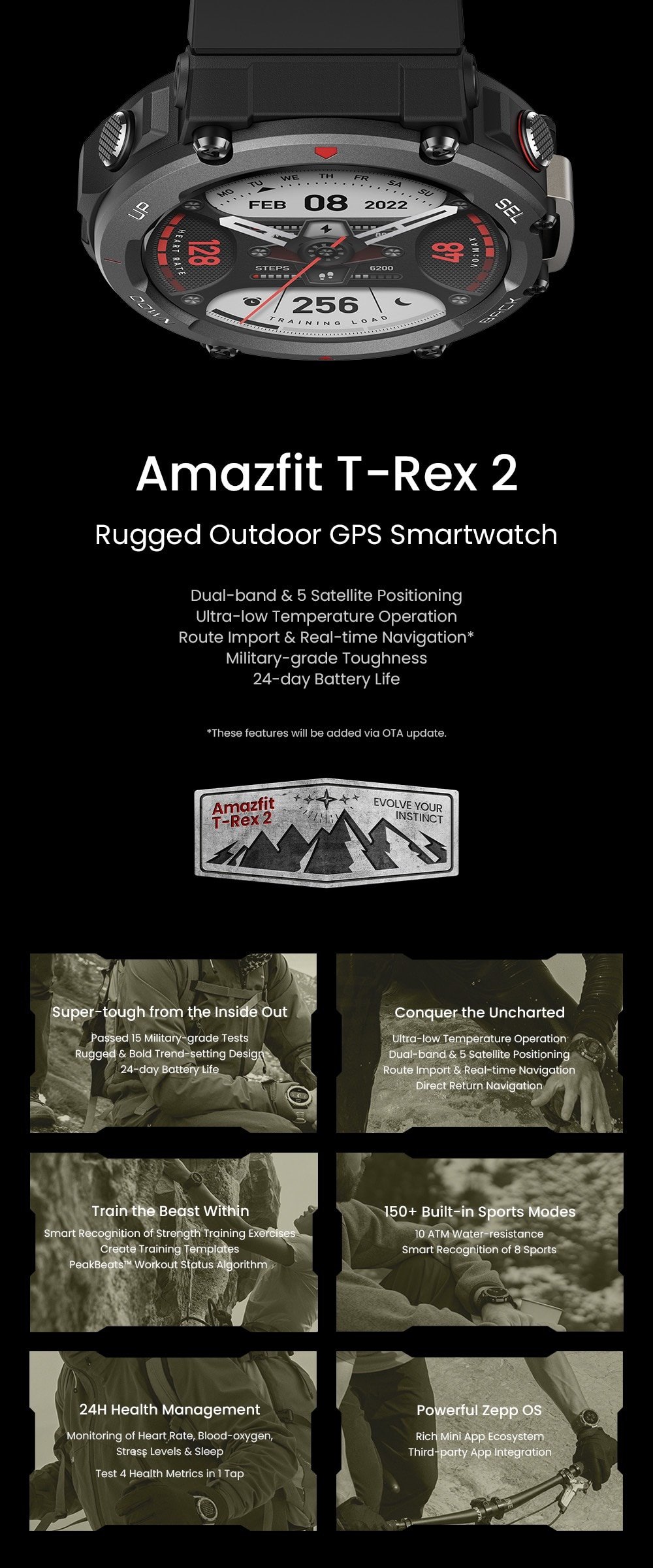 Reloj inteligente amazfit t-rex 2, con gps, 24 días de vida útil, batería 150 + Deportes integrados