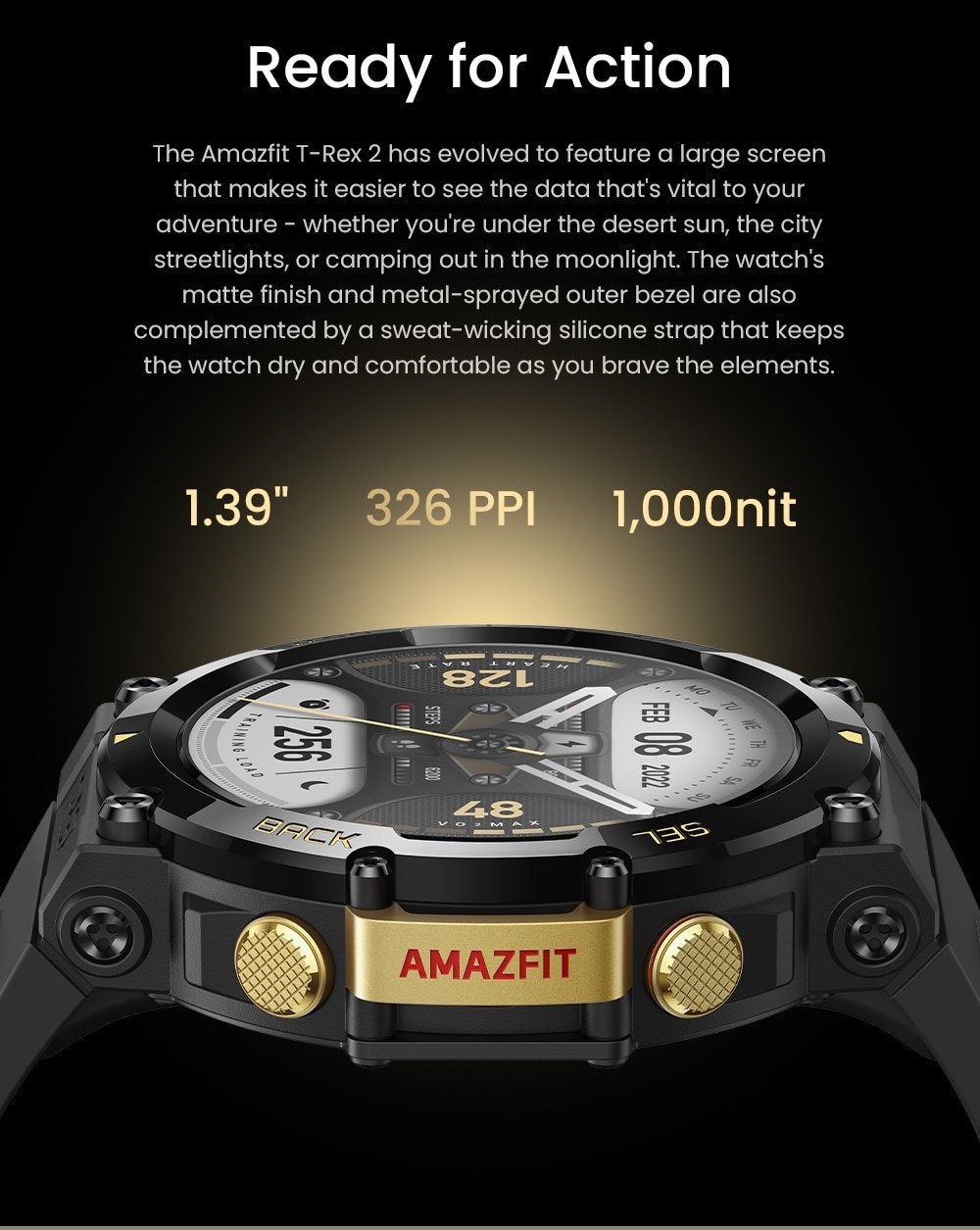 Reloj inteligente amazfit t-rex 2, con gps, 24 días de vida útil, batería 150 + Deportes integrados