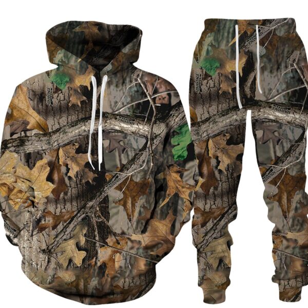 conjunto camuflaje 3D para hombre y mujer, unisex deportiva outdoor, trajes de gran tamaño con capucha y pantalones