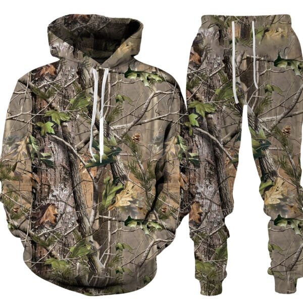 conjunto camuflaje 3D para hombre y mujer, unisex deportiva outdoor, trajes de gran tamaño con capucha y pantalones - Imagen 4