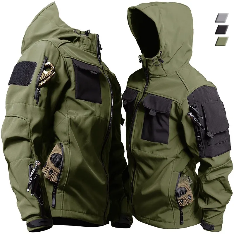 Chaquetas tácticas de piel de tiburón para hombre, chaqueta militar con capucha impermeable a prueba de viento, uniformes funcionales para exteriores, múltiples bolsillos