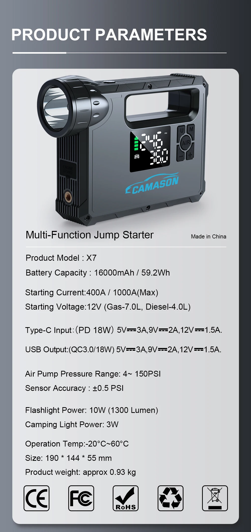 5 in 1 Car Jump Starter with air Compressor Portable Flashlight Starting Device Power Bank Battery Automotive Booster start 5 in 1 Car Jump Starter with air Compressor Portable Flashlight Starting Device Power Bank Battery Automotive Booster start
