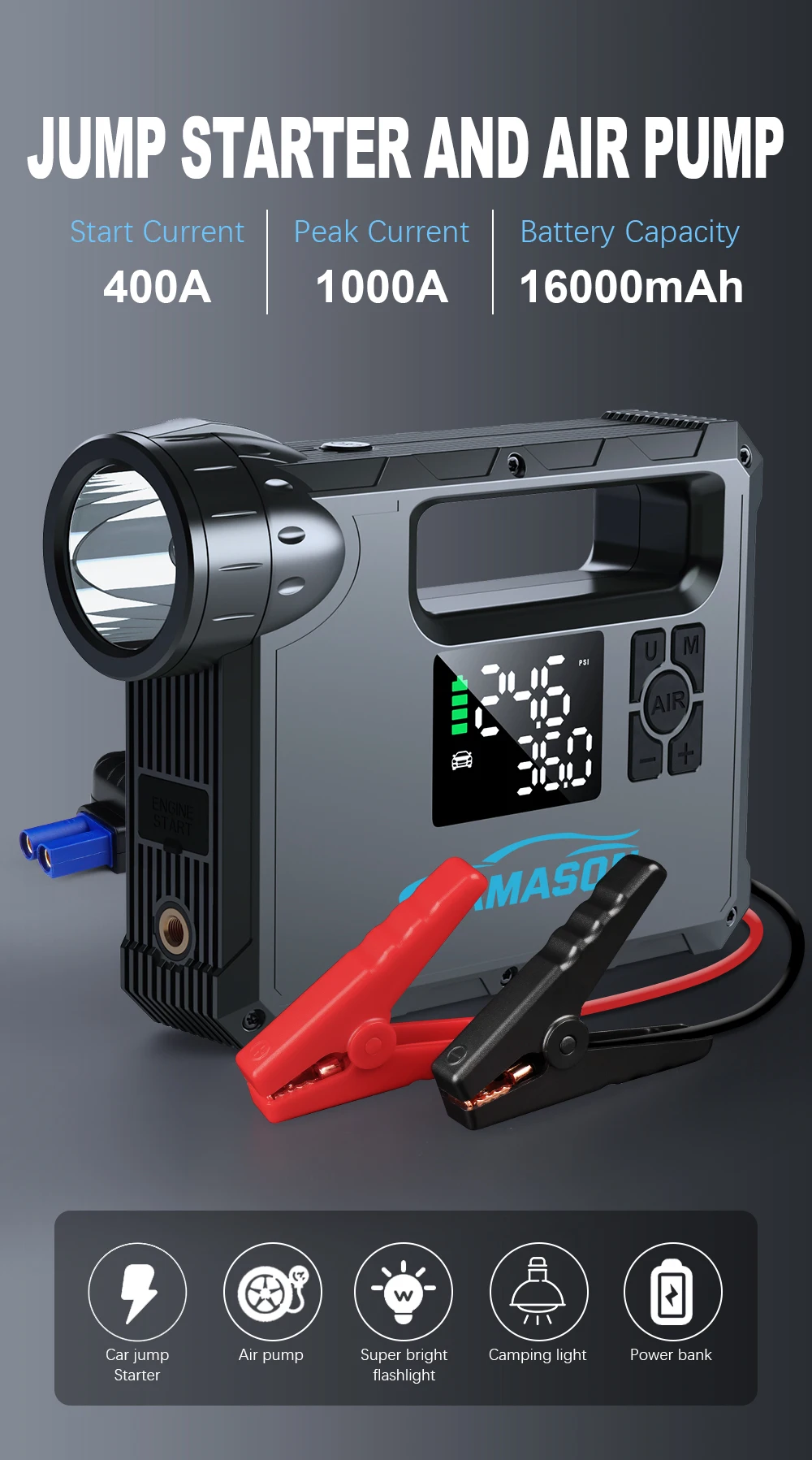 5 in 1 Car Jump Starter with air Compressor Portable Flashlight Starting Device Power Bank Battery Automotive Booster start 5 in 1 Car Jump Starter with air Compressor Portable Flashlight Starting Device Power Bank Battery Automotive Booster start